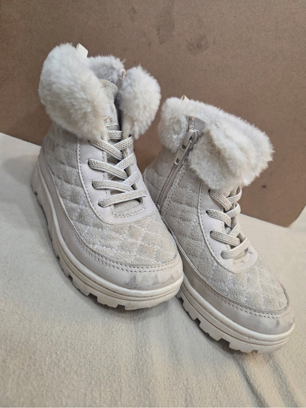 Carter's Quilted Faux Fur Trim Winter Ankle Boots - Cream